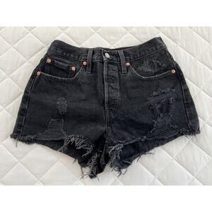 Levi's 501Premium High Rise Distressed Black Denim Shorts W27 Raw Hem Grunge Y2K